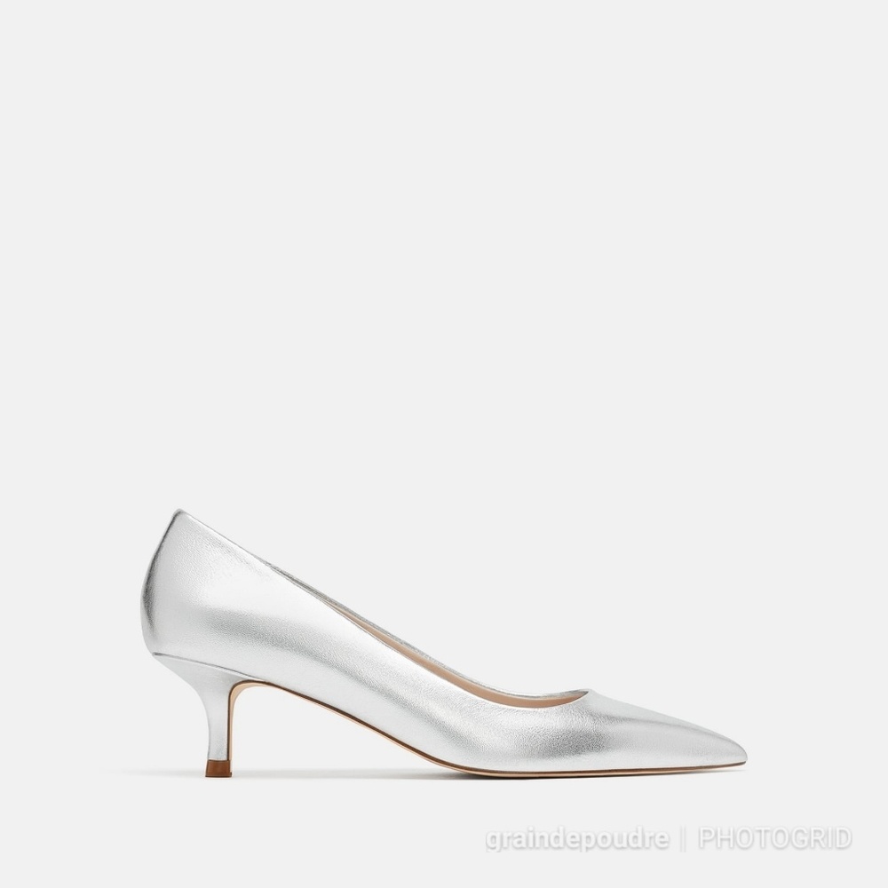 Zara Silver Metallic Leather Kitten Heel Pumps 37